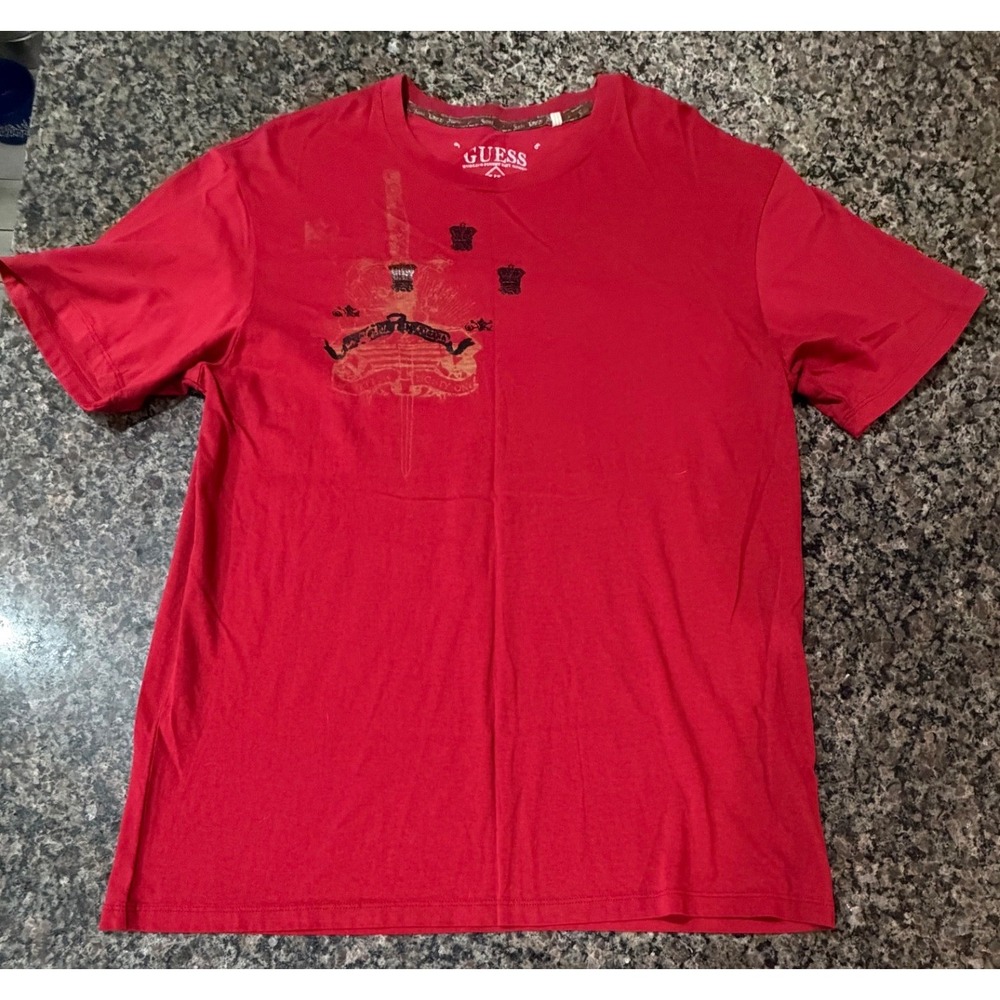 Guess Jeans Mens Graphic T-Shirt Red XL Cotton‎ Distressed Crest M8439113